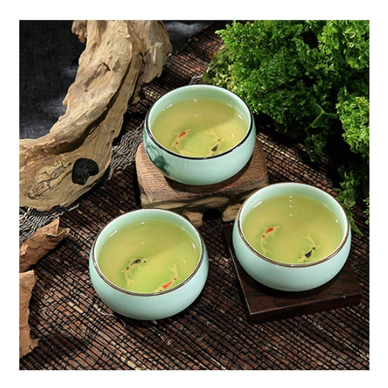 Hotumn Celadon Teacup Porcelain Chinese kungfu Teacup Fishes and Lotus Pattern set of 3 (Celadon) - Image 2